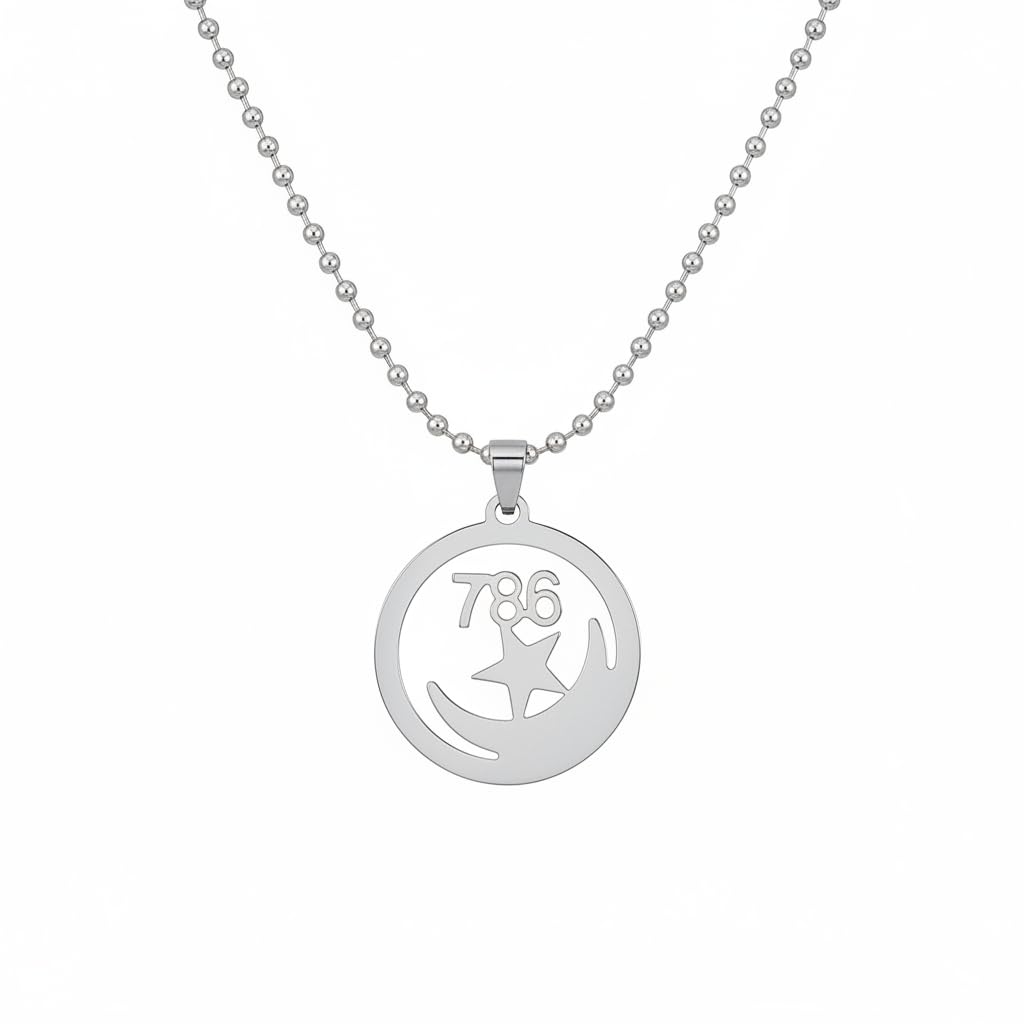 Allah 786 Crescent Moon Round Pendant Necklace | Islamic Stainless Steel Religious Locket for Men & Women | Muslim Spiritual Jewelry | Chain Included Silver SPn202697-image-45