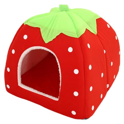 Katzenbett, niedliches Cartoon-Erdbeer-Katzenhöhle mit Matte, faltbares Welpenhaus, gemütliches Bett, Höhle, warmes Versteck für Zuhause, Schlafsaal, kleine Haustiere (rot)
