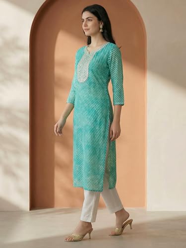 Image of INDO ERA Women's Georgette Leheriya Printed Straight Calf Length Kurtas (IEAI12232)