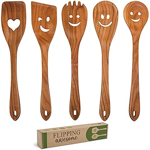 MFC 5-Piece Wooden Cooking Spoons - Kitchen Spatula Set from Natural Cherry Wood - Wooden Spoons for Cooking - Funny Wooden Utensil Set with Smiley Faces - Cooking Multipurpose Wooden Utensils Cover