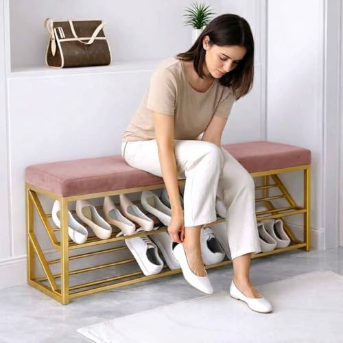 Image of Entryway Shoe Rack with Cushioned Seat, Shoe Bench for Entry, 2 Shelves Storage Bed Bench