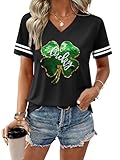 Women St Patricks Cute Irish Green T Shirt V Neck Short Sleeve Casual Top Sequin Clover L