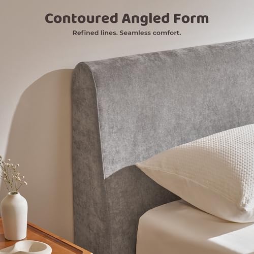Image of RECCI AirFrame Queen Bed Frame with Ergonomic Angled Headboard, 360 Cushioned Platform Bed Frame, Low Profile Minimalist Soft-Frame Bed, No Box Spring Needed, Easy Assembly, Moon Grey