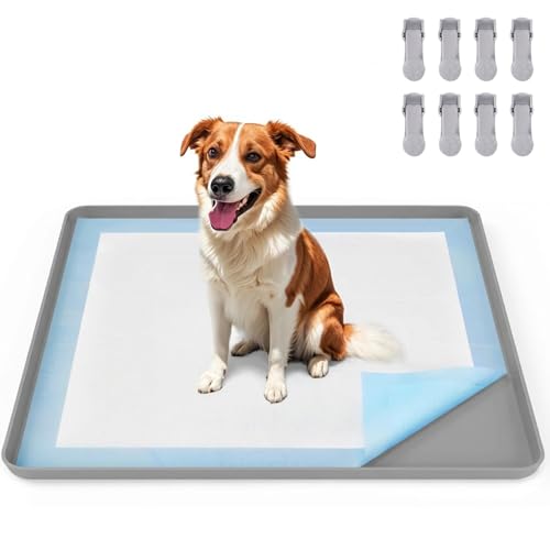 VavoPaw Soporte para Almohadillas de Orina Perros, 22'×34' Soporte Almohadillas de Orina para Cachorros con Abrazaderas, Bordes Levantados a Prueba de Fugas, Fácil de Limpiar en Interiores, Gris Claro