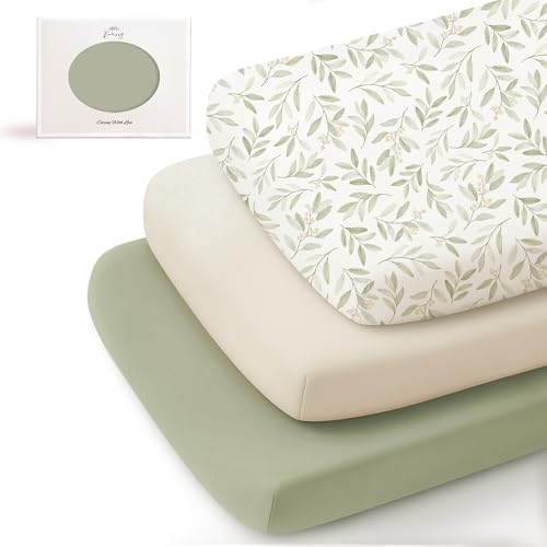 Image of Konssy 3 Pack Stretchy Bassinet Sheets for Baby Girl Boy, Soft Breathable Baby Bassinet Mattress Sheets Fit for Hourglass Oval Cradle, Moses Basket Rectangle Mattress (Garden Sage)