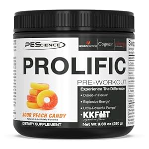 PEScience Prolific Pre Workout Powder, Sour Peach Candy, 40 Scoop, Energy Supplement with Nitric Oxide, KK Fit Signature Flavor