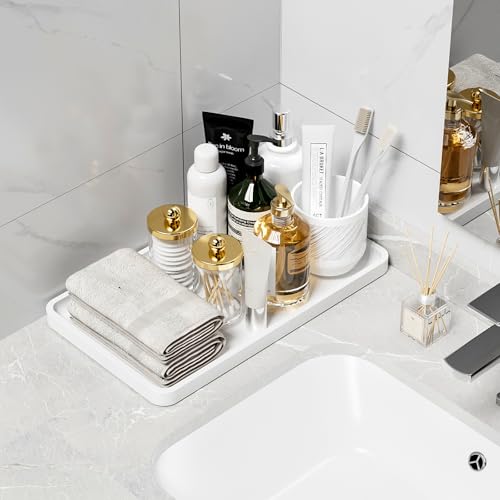 Image of Weenson Bathroom Vanity Tray for Countertop Decor Perfume Makeup Toiletries Toilet Tank, Large Bamboo Kitchen Tray for Spice Salt, Serving Tray for Food Coffee, Nightstand Candle White 14.2 inchx8.3 inch