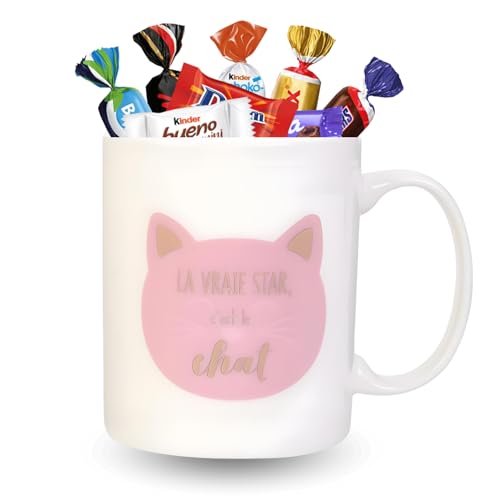 Mug Magique Chat garni d'un assortiment de 15 chocolats CELEBRATIONS, MILKA et KINDER, DAIM | Coffret Original Prêt à Offrir