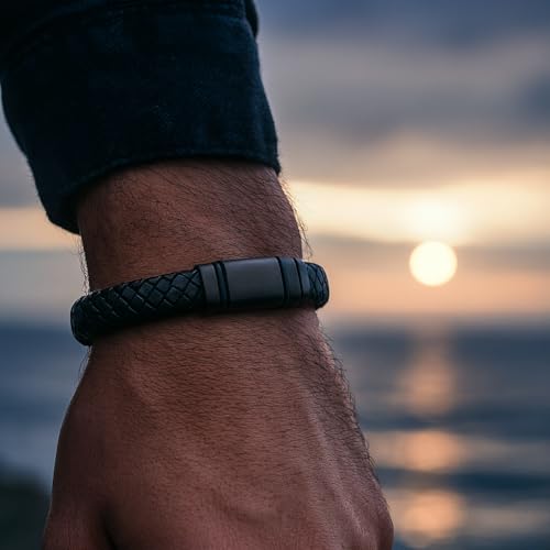 Forge & Foundry Men's Adjustable Black Leather Bracelet | Genuine Woven Leather with Stainless Steel Snap Clasp | Design-Led, Artisan Jewellery from London | Single Strand, Brushed Black Clasp [Navarro]4