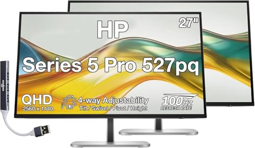 Image of HP Series 5 Pro 527pq 27 inch QHD IPS Monitor with 5ms Response Time 2 Pack | 4-way adjustability, Anti-Glare, Flicker Free, VESA Mount 100mm, Displayport, HDMI & USB Port Expander, Silver /Black
