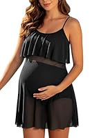 SHEKINI Zweiteiliger Umstandsbadeanzug für Damen – Tankini-Set mit hoher Taille und Mesh-Einsätzen(Schwarz,Large)
