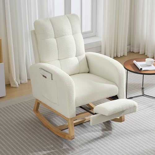 Image of Modern Nursery Rocking Chair, Comfortable Rocker Recliner with Side Pocket, Footrest, Mid Century Upholstered Rocker Glider for Living Room, Bedroom, Nursing Room, High Back & Wood Legs, Teddy Beige