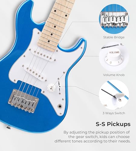 Image of Vangoa 30 Inch Kids Electric Guitar Starter Kit with Amp - Blue | Ergonomic body with gloss finish. 2 single-coil pickups, 3-way switch (rock /blues /funk). Smooth maple neck, stable tuning