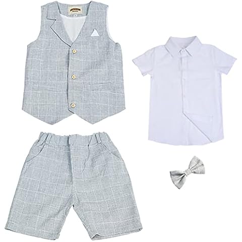 aromm 4 Piece Boys Summer Suit Shorts Set Slim Fit Elegant Wedding Party Vest Shirt Pants Outfit Grey, 120 Cover