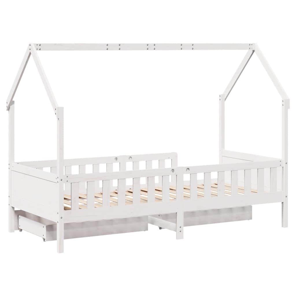 Kinderbett 80x200 cm, Massivholz Kiefer, Weiß, Hausbett mit 2 Schubladen, Betten für Kinder, Jugendbett, Bettgestell mit Stauraum, Plattformbett