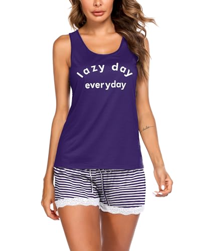 Image of Ekouaer Womens Pajama Sets Sleeveless Tank Top and Shorts Pj Set Lace Hem Sleepwear S-XXXL