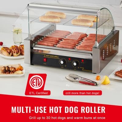 Happybuy Hot Dog Roller, 11 Rollers for 30 Hot Dogs, 1650W Stainless Sausage Grill with Dual Temp Control & Acrylic Cover