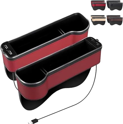 充電式ライト付き車載用収納ケース、2個セット 車用収納ボックス カーシート隙間収納ボックス、FM-充電式ライト付き車載用収納ケース多機能 グッズ ドリンクホルダー カーシート隙間ポケット 隙間収納ボックス 大容量 LEDライト 7色 USB充電 車内収納