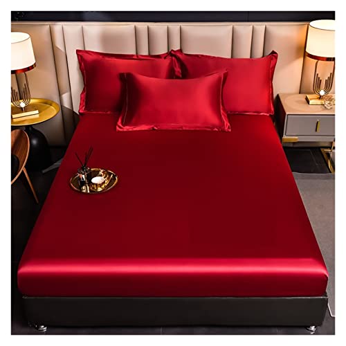 WLTYSM Ice Silk Bettlaken Satin-Seiden-Spannbettlaken, einfarbig, Matratzenbezug, elastisches Band, Bettlaken, Bettlaken, Seidensatin, 180 x 200 cm, maschinenwaschbar(Color:Red,Size:150x200x25cm 1Pc)