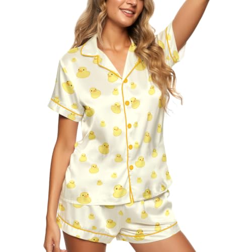Image of Women's Satin Pajamas Set, Short-Sleeve Button Down Loungewear