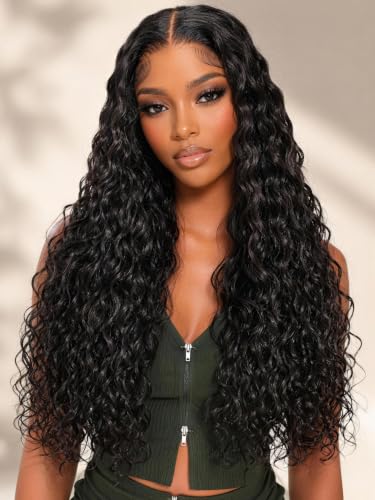 KLAIYI Water Wave HD Real Scalp Glueless Precut 13x4 Lace Front Human Hair Wig Drawstring Bye Bye Knots Pre Plucked Bleached Pre Everything 30S Ready to Wear and Go Deep Curly Wave Beginner Wig 26Inch