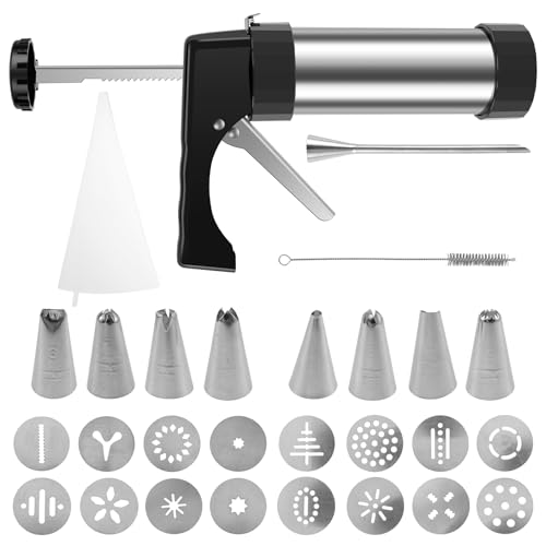 PTMTFYL Churro Maker Machine, Stainless Steel Churros Gun Kit, Cookie Press Kit with 8 Piping Nozzle, Piping Bag, 16 Cookie Discs and Cleaning Brush for Making Churro Cookie Cake