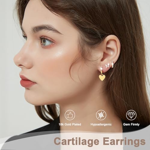 Hoop Earrings for Women Dainty Gold Earrings, 14K Plated Hypoallergenic Stud Earrings Set Cartilage Earrings for Multiple Piercing for Women3