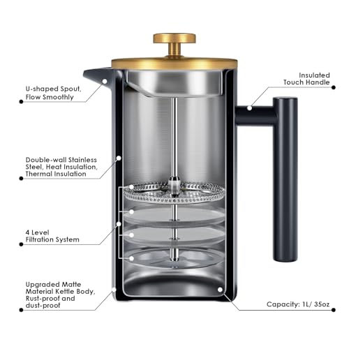 French Press 1 Liter, Edelstahl Kaffeemaschine, Oppelwandige Lsolierte Kaffeefilter, Vierfache Filterung, 3 Stunden Wärmespeicherung, kaffeefilter mit 100ml Kaffeedose für Kaffeeliebhaber-Schwarz 2