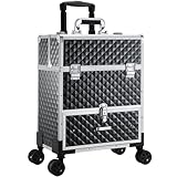 Faquenc Rolling Makeup Trasin Case Large Makeup Case Professional Cosmetic Trolley Cart Trunk Travel Suitcase with Drawer and 360° Wheels for Makeup Artists, Hairstylist and Nail Technician Black