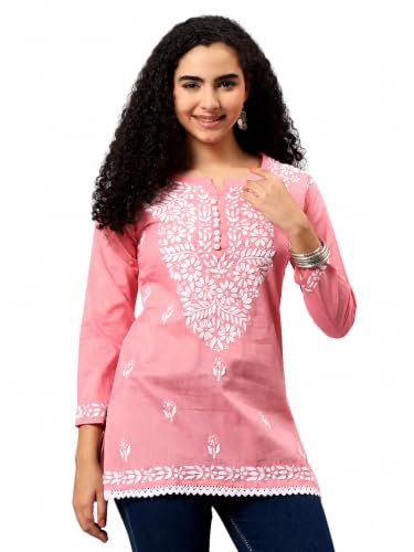 Image of Seva Chikan Hand Embroidered Lucknowi Chikankari Cotton Short Top Tunic for Women SCL9017