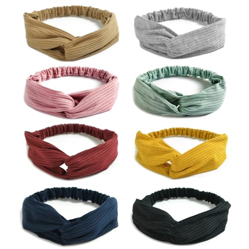 Image of DRESHOW 8 Pack Headbands for Women Yoga Knotted Headbands Elastic Criss Cross Hair Accessories Sports Head Wrap Non Slip