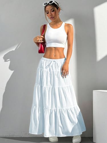 Image of Verdusa Women's Long Maxi Skirt Boho Flowy Flared Ruffle Skirts 2026 Beach Vacation Summer Going Out Outfits