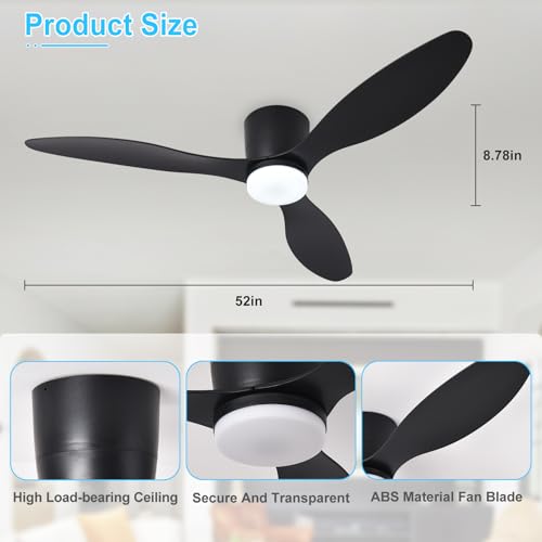 Image of Depuley Flush Mount Ceiling Fan: 52-Inch Black Ceiling Fans with Lights for Bedroom Indoor Outdoor - Low Profile Ceiling Fans with Remote Control 24W 3CCT Dimmable 3 Reversible Black Blades 6 Speeds