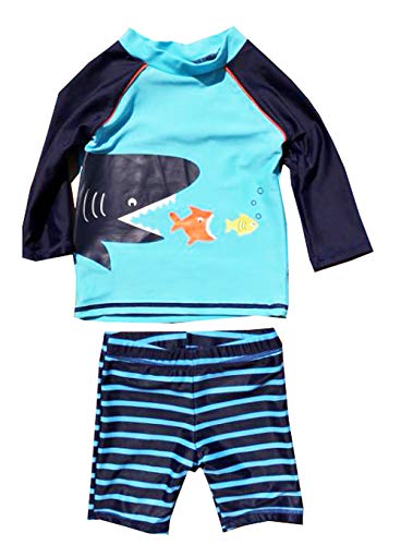 eKooBee Baby Little Boys Rash Guard Set Swimwear Long Sleeve Swimsuit UP50+ (Blue Fish, 18-24Month)