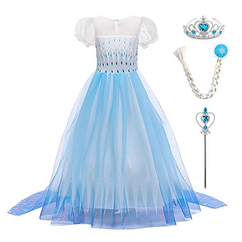 OBEEII Girls Princess Elsa Costumes Frozen 2 Carnival Dress Cosplay Halloween Christmas Party Fancy Dress Up Costume Blue+accessories05 11-12 Years