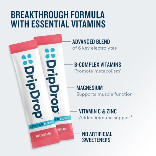 Image of DripDrop Hydration Zero Sugar Plus Electrolyte Packets, Watermelon, 30 Ct | Sugar Free, Single Serve Powder Drink Mix; 3X Electrolytes, 15 Vitamins & Nutrients; No Artificial Sweeteners, Low Calorie