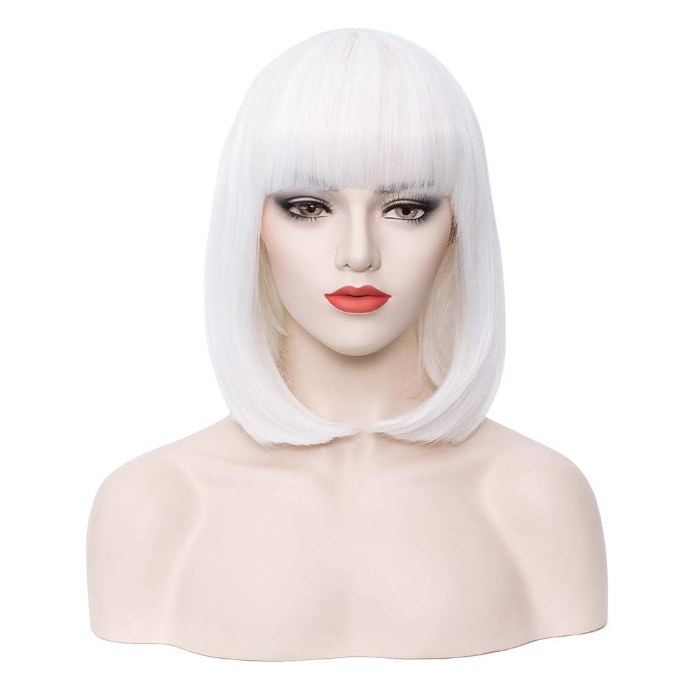 Colorfulpanda Short White Bob Wig with Fringe Fashion Natural Looking Silky Straight Synthetic Heat Resistant Hair Wig for Women Unisex Daily or Party,white - Image 2