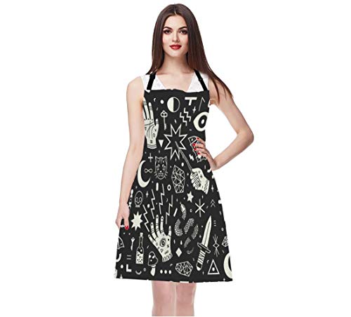 Ekobla Magical Witchcraft Aprons Hand Eyes Moon Skull Cat Bat Snake Dagger Mushroom Key Waterproof Resistant Chef Cooking Kitchen Bbq Adjustable Aprons For Women Men 27X31 Inch #TOP2