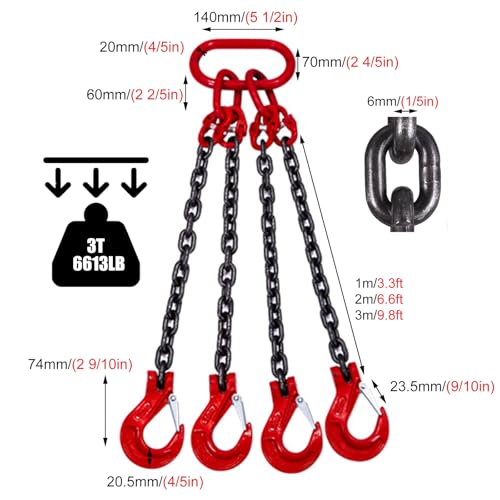 Lifting Chains for Hoist& Cargo Security Towing and Handling, Alloy Steel Lifting Chain Link with 4 Hooks, Lifting Sling Chains for Lifting Hoist(Load 3 Ton L 1 M (3.3 FT) 4 Hook)
