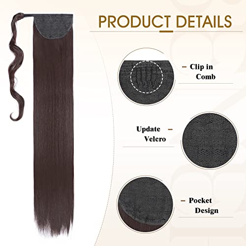 Benehair Ponytail Extension 32 Inches Long Wrap Around Ponytail Hair Extension Straight Synthetic Braid Extensions Clip in Hairpiece for Women Chocolate Brown - Image 2