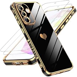 LeYi for Galaxy A36-5G Case: with Tempered Glass Screen Protector [2 Pcs]+ Full Camera Lens Protection,Love Heart Plating Cute Luxury Shockproof Case for Samsung A36 5G, Cute Present for Mom, Black