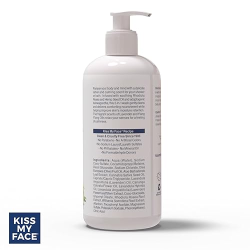Kiss My Face De-Stress 2-in-1 Body Wash & Bath Soak Lavender + Ylang Ylang - Vegan Body Wash - 16 oz Bottle with Pump (Lavender & Ylang Ylang, Pack of 1)