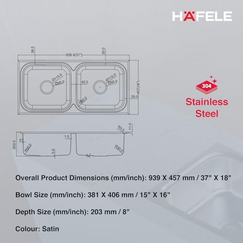 Image of Hafele Orion 3718 Stainless Steel Double Bowl Kitchen Sink | 37x18 Inches | 304 Grade Steel | Satin Finish | Dual Bowl Design for Multi-Tasking | Modern Kitchen Sink