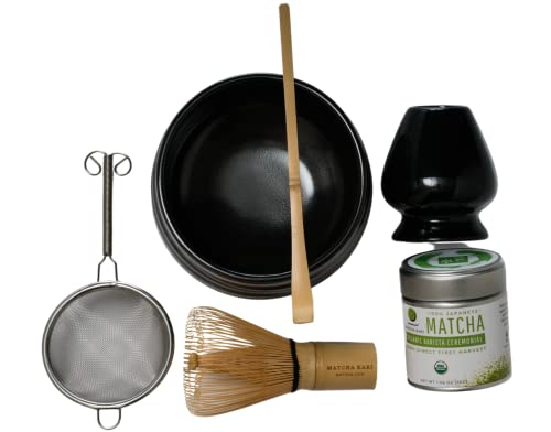 Dr. Weil Matcha Kari - Complete Matcha Tea Set - Black - Japanese Ceremonial Organic Matcha With Whisk And Holder, Ceramic Bowl, Sifter, And Scoop #TOP1