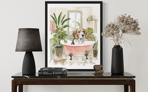 Image of Beagle in Bathtub Black Framed Wall Art Poster Print, Animal Bathtub Restroom Wall Art Painting for Bathroom Decor Gallery Gallery 30 (Beagle in Bathtub, 10 inch L x 8 inch W, Black Frame)
