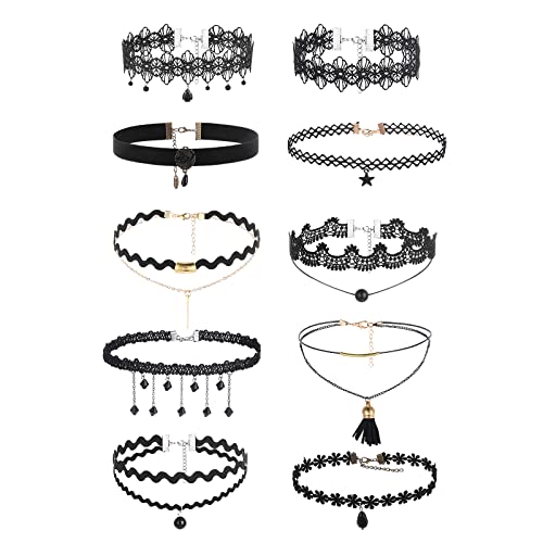 Yolev 10 Stück Schwarze Spitze Choker Damen Spitze Choker Punk Gothic Tattoo Halskette Schwarz Samt Halsband Frauen Mädchen Party Halloween Schmuck Zubehör