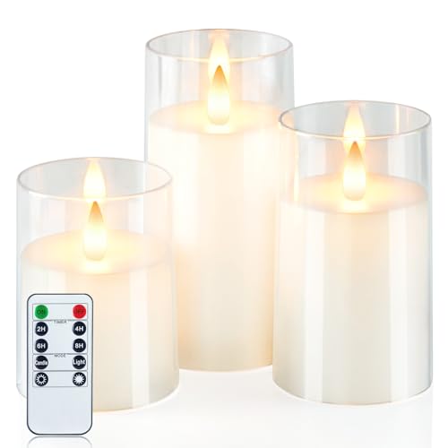 Image of Homemory Realistic Flickering Flameless Candles with Remote Control & Timer | LED Fake Electric Pillar Candles Battery Operated for Home, Datting, Christmas Decor, White, Set of 3