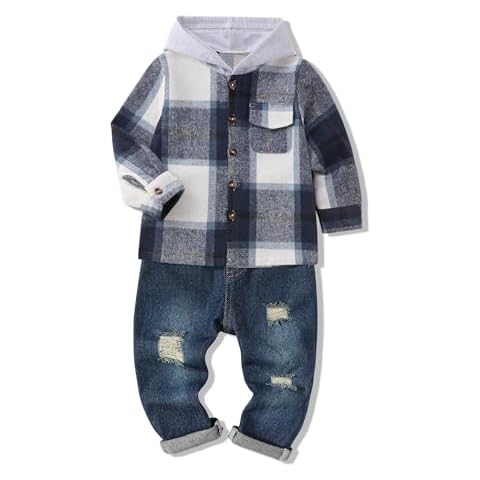 KISSB Toddler Boy Clothes Plaid Boys Button Down Shirt Long Sleeve Hood Top and Jeans Boys Pants Set 3T Boy Clothes Cover