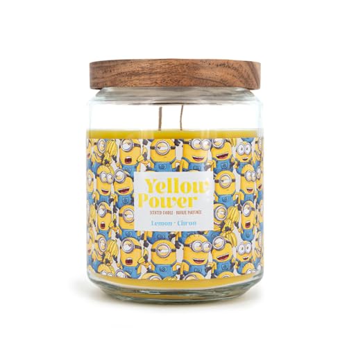 Minions Yellow Power - Bougie parfumée dans un verre - Grande bougie parfumée au citron - 510 g - Idée cadeau amusante - Longue durée de combustion (80 h)