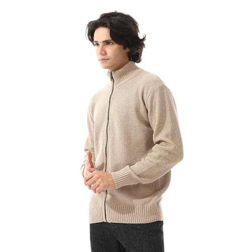 بلوفر برقبة وحواف مضلعة وسوستة من اندورا، بيج، اكس اكس اكس لارج